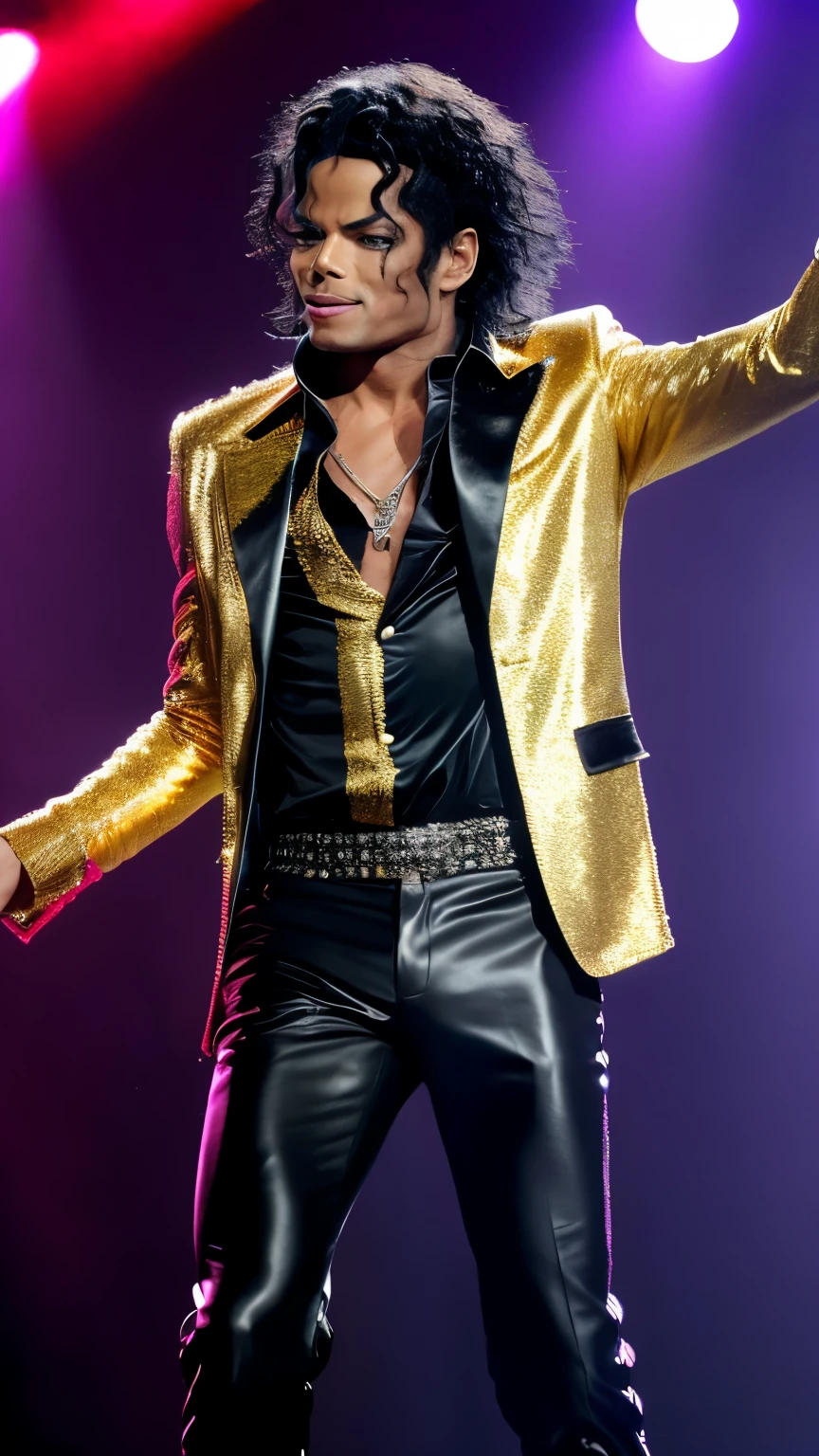 Prompt 1:
"Describe an ultra-detailed image of Michael Jackson on stage, wearing a black leather jacket with gold metal details. He's holding a silver microphone and his white gloves shine under the show's bright lights.. Your hair is combed back, highlighting his energetic dance moves as he sings with passion."
Prompt 2:
"Create an ultra-realistic visual representation of Michael Jackson on stage, wearing a white silk ruffled shirt and tight black pants. He's center stage, with a spotlight following your precise dance steps. Subtle makeup highlights his determined face as he sings with intensity, capturing the essence of your unparalleled performance."
Prompt 3:
"Imagine uma imagem em UHD de Michael Jackson no palco, wearing a vibrant red suit with black details. He is enveloped by an atmosphere of soft smoke, accentuated by strobe lights that flash to the rhythm of the music. Your dancing shoes reflect the stage light, as he leans back, holding the microphone with one hand and moving your hips with style."
Prompt 4:
"Describe an 8K scene of Michael Jackson on stage, wearing a crisp white set of clothes, including a silk shirt with silver accents and tight pants. He's in the center of a beam of light, with his black hat tilted forward, highlighting her expressive face and trademark fluid dance movements. The audience in the background is euphoric, capturing the unique energy of a music icon."