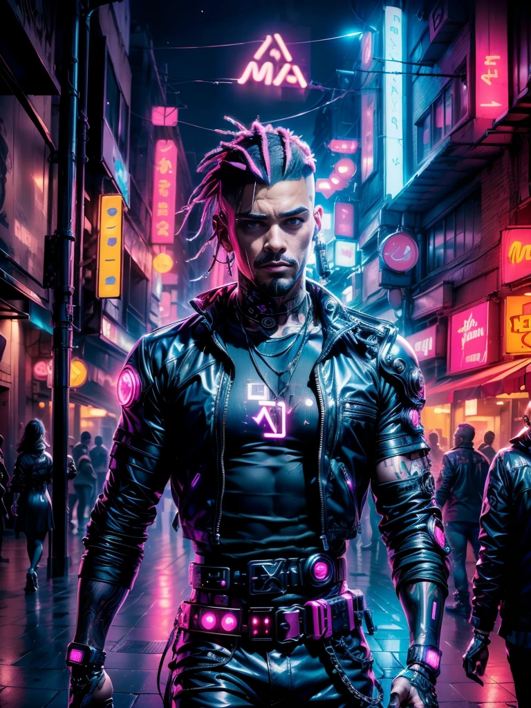 (Masterpiece, Best Quality, High resolution, 32k drive wallpaper, Extremely detailed CG:1), (faint illustration on stage:1.0), ((1 young handsome man:1.55 by cyberpunk:1.5 )),(( cyberpunk night city:1.4)), neon signs futuristic cars,dark place rain, ((wet clothes magenta neon lights illuminating the young man perfectly:1.45) . 32k