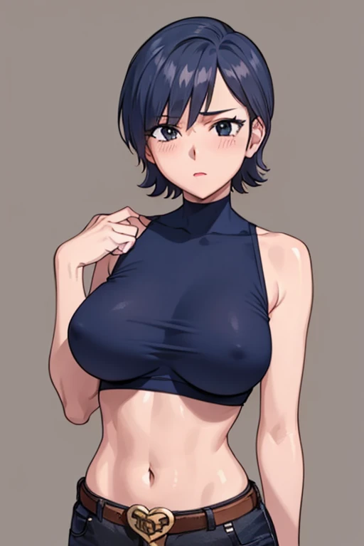 (beautiful detailed eyes, beautiful detailed face, perfect detailed body), mikictr, 1girl, solo, black eyes, short hair, closed mouth, lipstick, blush, large breasts, crop top, no bra, midriff, navel, upper body:1.5, standing, belt, blue short shorts, simple background