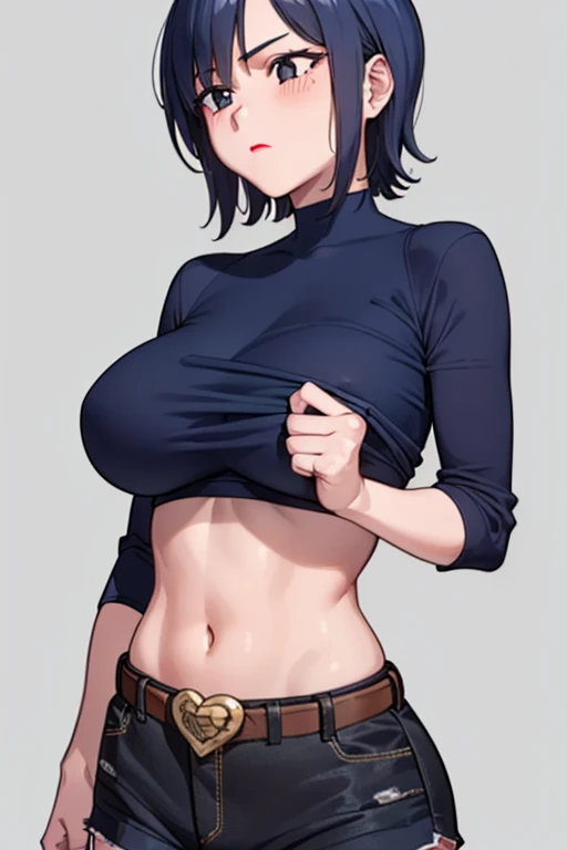 (beautiful detailed eyes, beautiful detailed face, perfect detailed body), mikictr, 1girl, solo, black eyes, short hair, closed mouth, lipstick, blush, large breasts, crop top, no bra, midriff, navel, upper body:1.5, standing, belt, blue short shorts, simple background