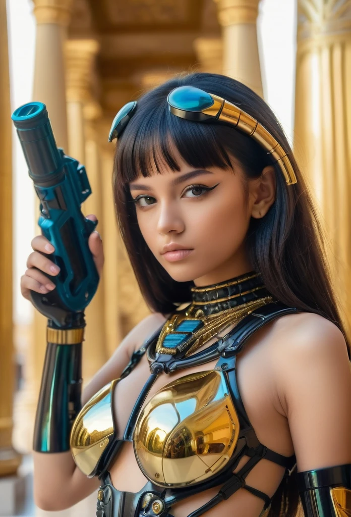 close-up, without clothes cute sexual black arabic 17 years girl wears an insectoid exoskeleton made from glass parts,holds in hand and shoots me from high tech pulse neon blaster , looking at me, flirt, love me, cybernetic parts of body, straight hair, against the backdrop gold Egyptian columns, ultra high quality detailing