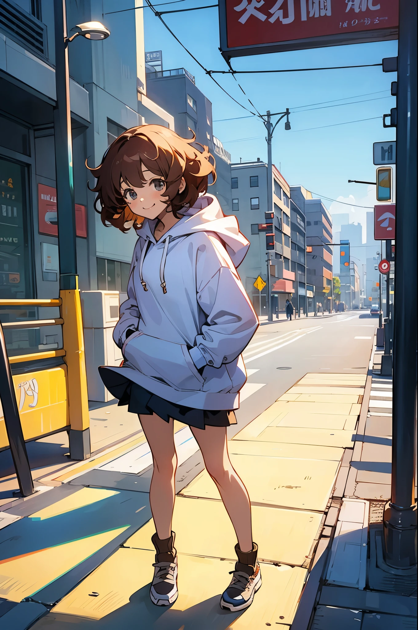 (best quality:0.8) perfect anime illustration, a pretty, happy woman with short curly brown hair on the street in the city, wearing a hoodie, skirt