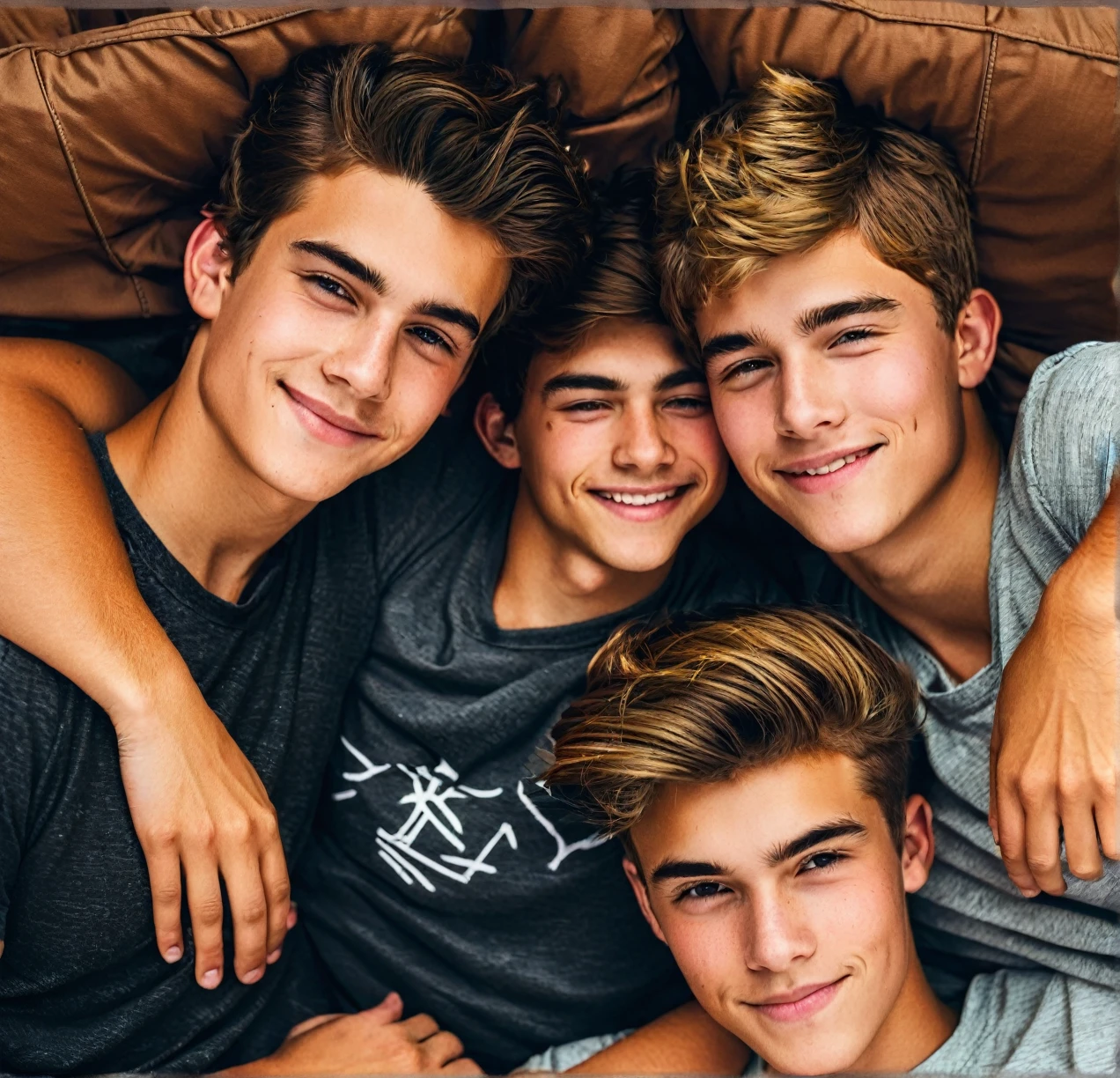 3 different cute male teenagers cuddling together