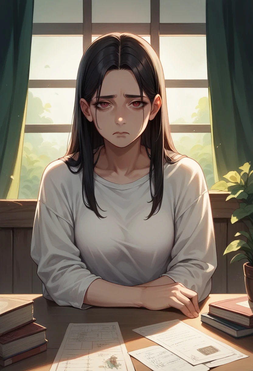 Illustration, detailed illustration, masterpiece, best quality, ultra-detailed, 1girl, 28 year old woman, black hair, black eyes, sad expression, miserable expression, sitting at dining room table, red eyes, tired looking, looking at viewer