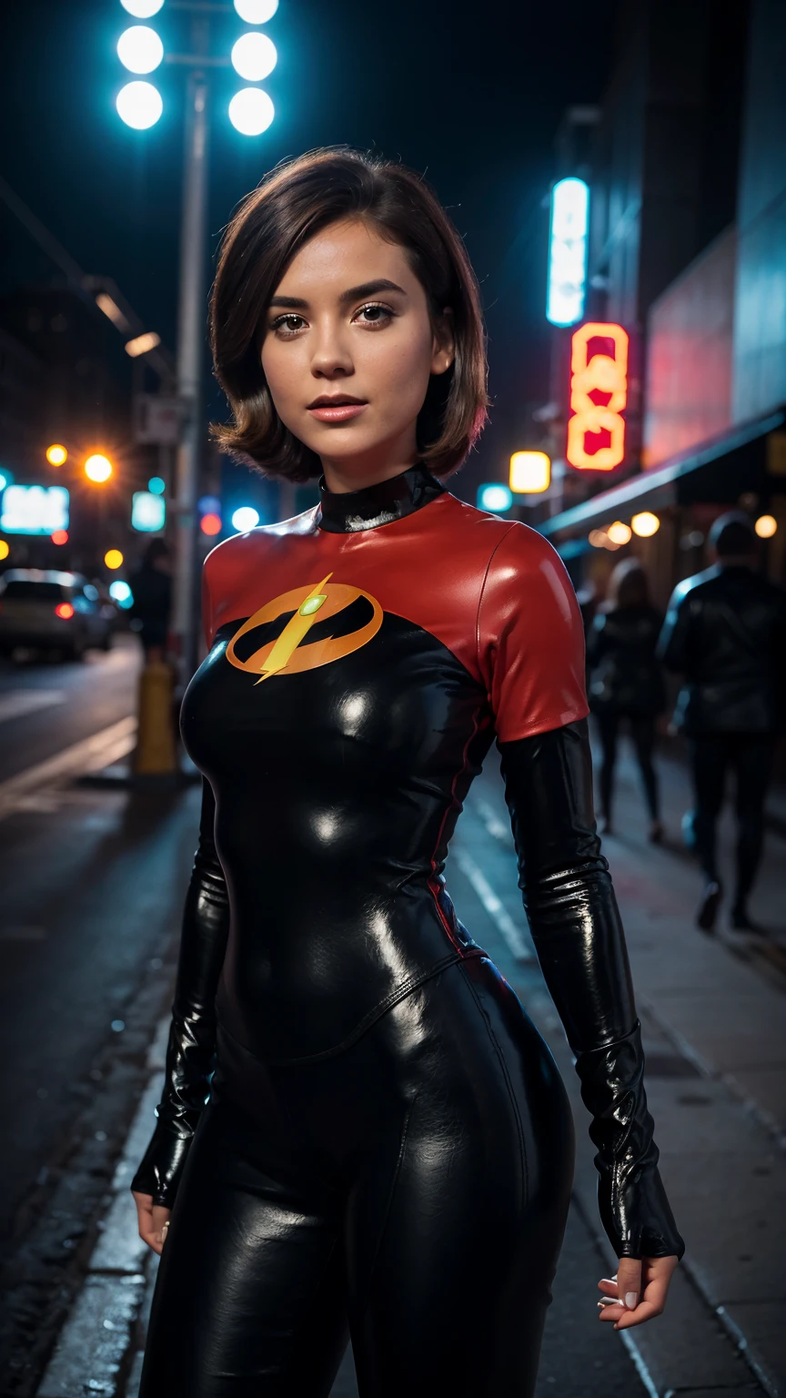 Masterpiece, (photorealistic1.4),Best quality, (solo), (1girl on night street)), (epiCRealLife), (lora:epiCFlashPhoto), (photorealistic1.4), (night scene), (night sky), (Helen Parr latex costume), (dakojohnold ), (dakojohnold),  black elbow gloves), (black thighhigh), (Helen Parr bodysuit), (helen parr thighhigh) (helen parr short hair), (Helen Parr hairstyle), (outside patio), (1girl), (look at viewer), (demure), (close up), (spot light), (flashphoto, flash photography), (night time), (at night), (f/2.8), (cowboy shots), (close up upper body shot), (from front), (new york night street), (neon signs), (from front), (pose for pictures), 