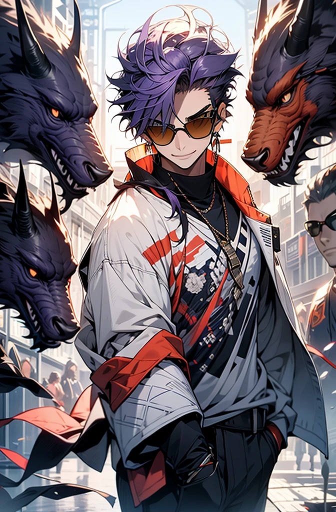 One Boy, Purple Hair, all back, Pointy sunglasses, Jacket, Blue T-shirt underneath, smile,