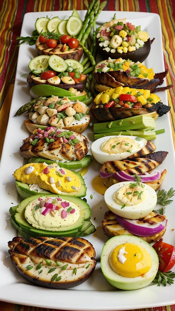 Colorful and Varied Keto Lunch Platter: A beautifully arranged platter with various keto-friendly foods, such as avocado, bacon-wrapped asparagus, deviled eggs, colorful salads, and grilled chicken. The vibrant colors and variety will catch the viewer’s eye.