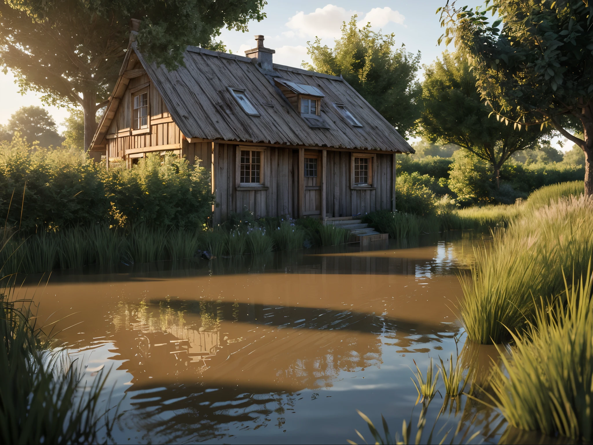 flooding puddle, (wild shrubs:1.2), rickety hut, (long grass bush:1.2), outdoor, direct sunlight, natural light, photorealistic,
