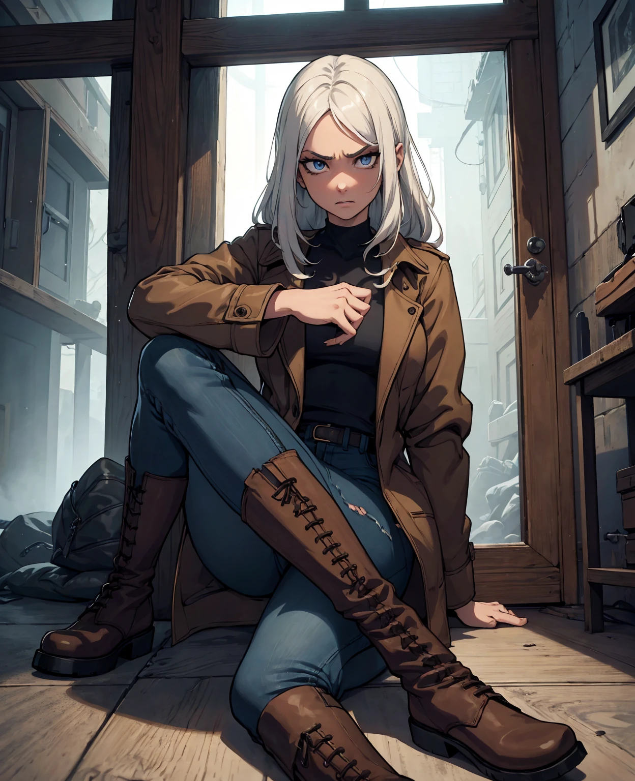 (suspense dinner ((conceptual artwork)), extremely detailed with a girl wearing jeans with a brown coat and boots), (better lighting, best shade, extremely delicate and scary), (digital illustration), ((4k pintura)), [(dynamic angle,((1 girl)),White hair, (beautiful  face, face perfect, scared,) Expression of fear, torn garments, a gun in hand, sitting on the floor, tenebrosaness, scary house),  [:(tenebrosa, uncanny, game painting, sinister scenario, uneven corridors, Big house, deadly silence):]