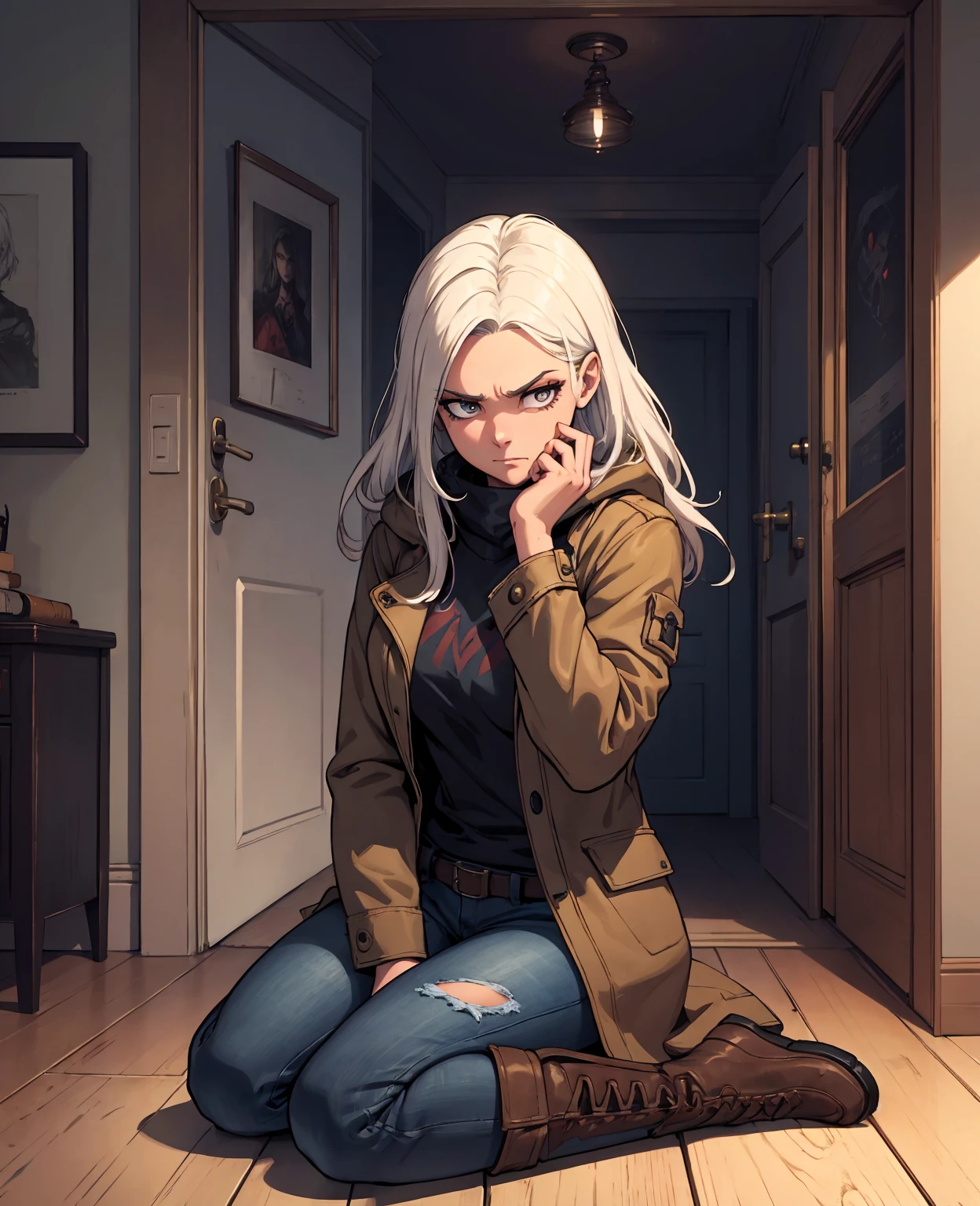 (suspense scene ((CONCEPT ART)), extremely detailed with a girl wearing jeans with brown coat and boots), (better lighting, better shadow, an extremely delicate and scary), (digital illustration), ((4k painting)), [(dynamic angle,((1girl)),white hair, (beautiful face, perfect face, scared,) expression of fear, torn clothes, a gun in hand, sitting on the floor, darkness, scary house),  [:(dark, mysterious, game paint, sinister setting, jagged corridors, big house, deadly silence):]