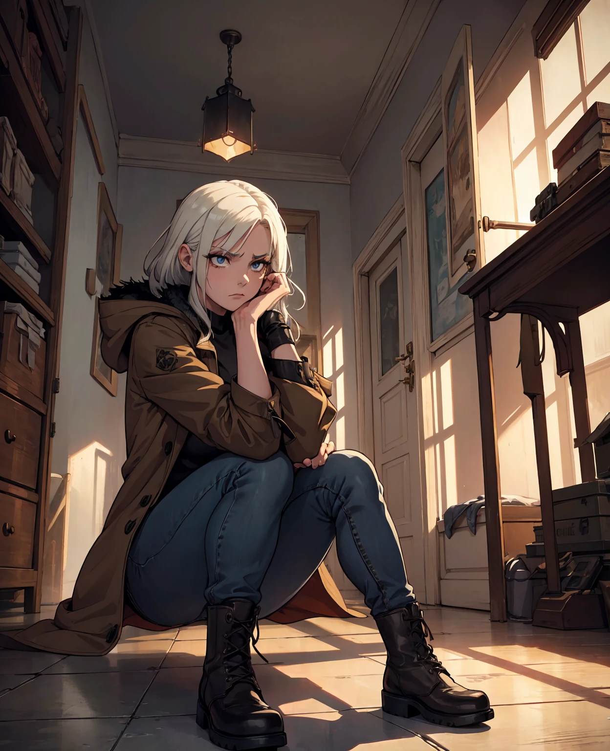 (suspense scene ((CONCEPT ART)), extremely detailed with a girl wearing jeans with brown coat and boots), (better lighting, better shadow, an extremely delicate and scary), (digital illustration), ((4k painting)), [(dynamic angle,((1girl)),white hair, (beautiful face, perfect face, scared,) expression of fear, torn clothes, a gun in hand, sitting on the floor, darkness, scary house),  [:(dark, mysterious, game paint, sinister setting, jagged corridors, big house, deadly silence):]