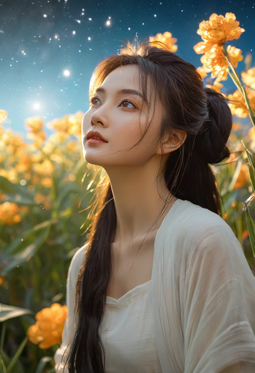 (RAW Photo, Best Quality), (Realistic, Photo Realistic: 1.3), Best Quality, Highly Detailed, Masterpiece, Ultra Detailed, Illustration, 1 Girl, upper_body, Dynamic Angle, Extremely Detailed CG Unified 8k Wallpaper, Ink, Amazing, Movie upper_body, Dynamic Angle, World Mastery Theater, messy_long_hair, Best Quality, Extremely Detailed CG Unified 8k Wallpaper, Ink, Amazing, Movie Lights, lens_flare, dunhuang_style, Detailed Face, Beautiful Rendering of Tang Dynasty, (Deliberate expression: 1. 5), Standing in a flower field, (Looking up at the stars: 1.2), Fireflies, Scarf floating , sony master shot, woman posing for photo in front of tv, inspired by Fei Danxu, brown hair and bangs, hi-res screenshot, nicovideo, normal hands, vivid colors, full face shot of limur tempest, nice studio lighting, vhs screenshot, beautiful fine face