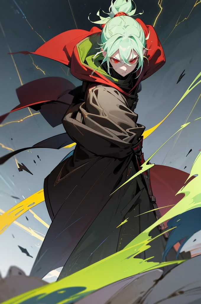 1male, bright green hair, man bun, red eyes, sith clothing, dark clothing, armored clothing, dark cloak, battle background, warring background, walking on path, (((lightning aura)))
