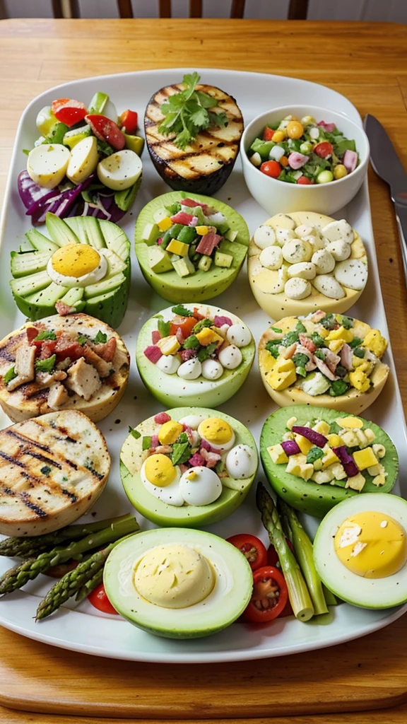 Colorful and Varied Keto Lunch Platter: A beautifully arranged platter with various keto-friendly foods, such as avocado, bacon-wrapped asparagus, deviled eggs, colorful salads, and grilled chicken. The vibrant colors and variety will catch the viewer’s eye.