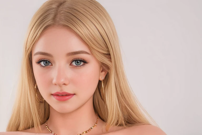 (1 girl:1.3), Alone, (((Very detailed face)))), Masterpiece, Ultra realistic, 16K, Dreamy atmosphere, r3b3cc4 young, Sensual (Erotic), 1 girl (cute young) alone, delicate (seductive) female face, silky realistic hair, looking at viewer, Sakuragi Otome (otome dori), pale-blonde and golden hair (gradient colors) , simple background, white background, jewelry, earrings, necklace, young beauty, portrait, hoop earrings, realistic, soft lighting, slender hot body , photorealistic, detailed clear eyes, extremely erotic, delicate feminine, large natural breasts, belly hot, narrow waist, proportionally big hips, thick legs, beautiful, nude, different sensual positions, raw, analog, sharp focus, 8K, high definition, dslr, high quality, Fujifilm XT3, Film grain, award winning, highly detailed skin artwork, realistic skin details, visible pores, clear focus, volumetric fog, 8k hd, dslr, high quality, Film grain, light skin, photographic realism , lomography 