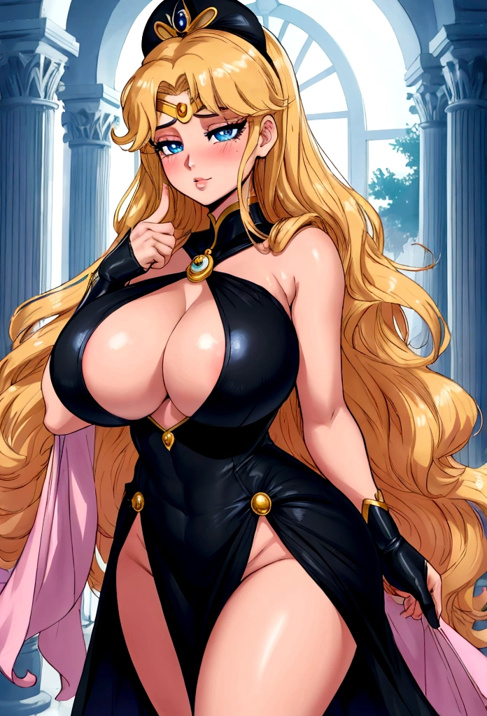 Serena Tsukino Sailor Moon, big breasts, giant tits, milf, with a black dress with rhinestones and glitters close to the body, sexyushing, seductive look, in a Greco-Roman palace, long hair blonde, dorada venture, of collections, big bright blue eyes