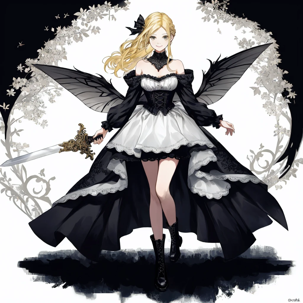 ((best quality)), ((masterpiece)), (detailed), 1girl, Character design, female, dynamic poses, long yellow hair, grey white eyes, very skinny, detailed, best quality, no accesoires around the neck, prominent collarbones, skinny arms, full body, blank white background, plain background, white background, ((red and white clothing)), Bloodborne inspired, occult aesthetic, occult, detailed and intricate steampunk and detailed gothic, Very dramatic and cinematic lighting, cosmic horror, grim-dark, side-lighting, perfect face, Fluttering lace flared long knee length dress with frilly petticoats, knee length dress, pleated petticoats, petticoats gothic, complex lace boots, side-lighting, gothic aesthetic, wielding a mighty sword with mechanical components, mandalas, small breasts, a fairy, various different types of insect wings,full body, whole body, white holy clothes,white holy clothes,((evil smile)),yellow hair,
