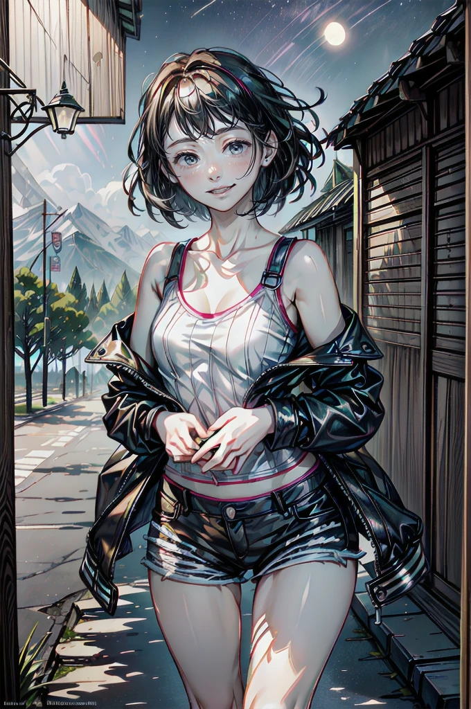 (cowboy shot), (Perfect Anatomy, top-quality, The ultra -The high-definition、high resolution、extremely details CG、8K Unit Wallpapers), mature 26-year-old, solo, Beautiful detailed eyes, black hair, short bob hair, blunt bang, (small breasts, slender body, athletic), gleaming skin, oily skin,( punk fashion, leather jacket, tank top、micro shorts), (drive a motorcycle,Harley-Davidson), on road at night, Starry Sky with Mountains and Lake, Jessica Rossier, Inspired by Jessica Rossier, Jessica Rossier Fantasy Art, Concept Art Magic Highlights, Official Artwork, Dream Painting, Ethereal Realm, Atmospheric artwork, dreamy matte paintings, serene endless stars inspired by Ted Nasmith, moonlit starry environments, epic music album covers.