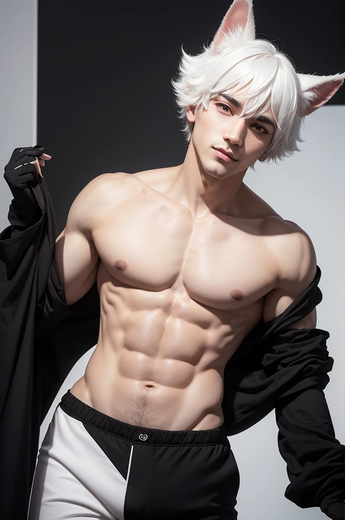 punctuation_9,punctuation_8_High above,punctuation_7_High above,punctuation_6_High above,punctuation_5_High above,punctuation_4_High above, solo anthropo peludo, boykisserfur, mascle, white fur, white ears, ssmile, presumptuous, wearing no shirt, black pants, whole body, black nose, clean art break