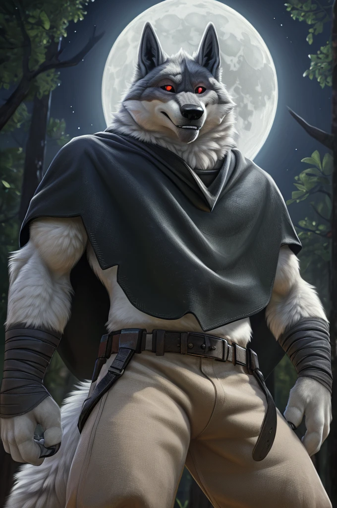 death (puss in boots), male, muscular, wolf, canid, fluffy, standing, night, forest, claws, paws, low angle view, long hair, black sclera, red eyes, tail, front view, action pose, (black poncho:1.2), clothed, bottomwear, pants, belt, white body, black fur, black fur, grey fur, forest, moonlight night, BREAK, by virtyalfobo, by anchee, by snowskau, by foxovh, by sabretoothed ermine, (intricate, high detail, film photography, soft focus, RAW candid cinema, photorealism, realistic, photorealistic, analog style, subsurface scattering, masterpiece, best quality, ultra realistic, 8k)