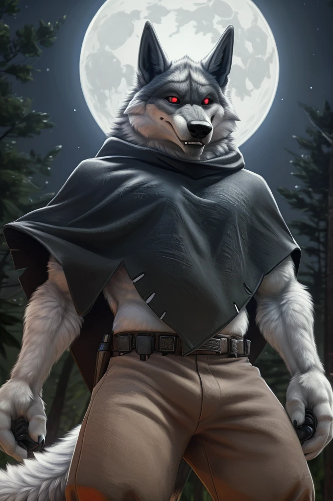 death (puss in boots), male, muscular, wolf, canid, fluffy, standing, night, forest, claws, paws, low angle view, long hair, black sclera, red eyes, tail, front view, action pose, (black poncho:1.2), clothed, bottomwear, pants, belt, white body, black fur, black fur, grey fur, forest, moonlight night, BREAK, by virtyalfobo, by anchee, by snowskau, by foxovh, by sabretoothed ermine, (intricate, high detail, film photography, soft focus, RAW candid cinema, photorealism, realistic, photorealistic, analog style, subsurface scattering, masterpiece, best quality, ultra realistic, 8k)
