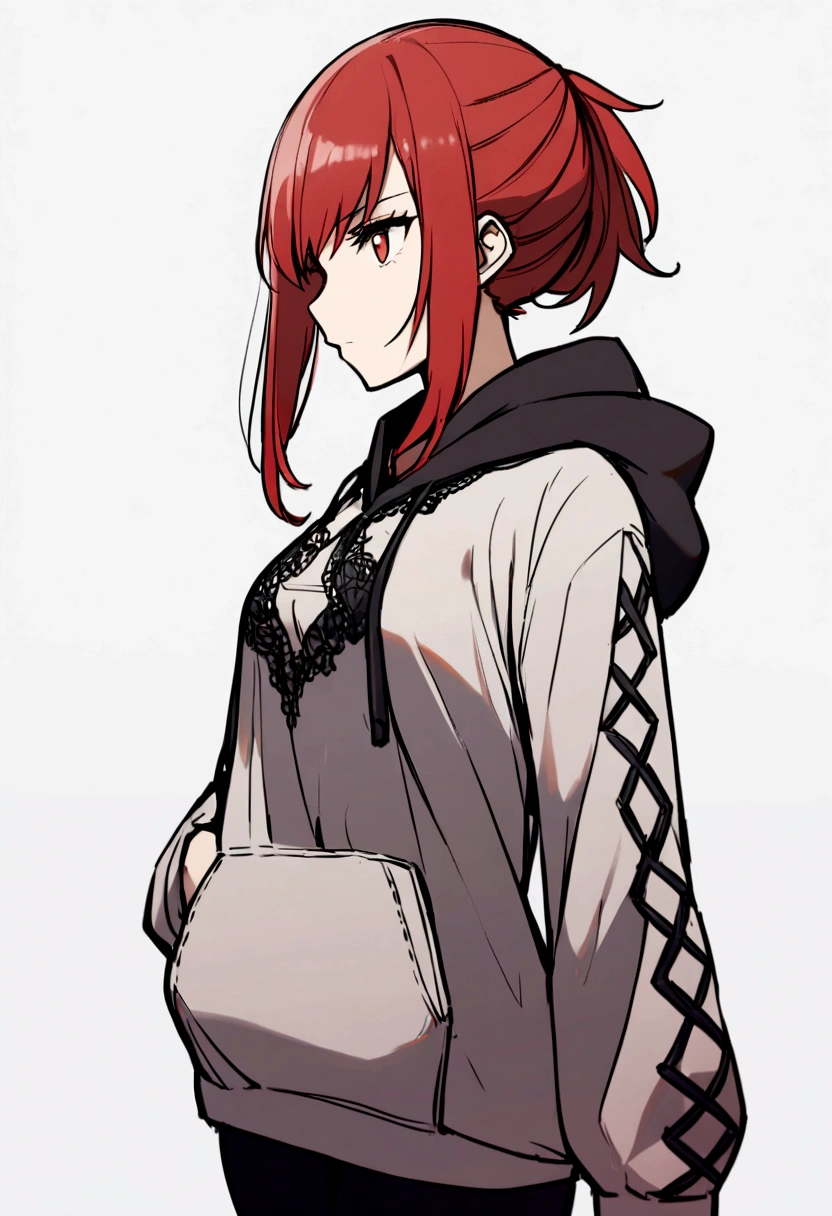 1 girl, assassin style, with red hair, wearing a hoodie,.