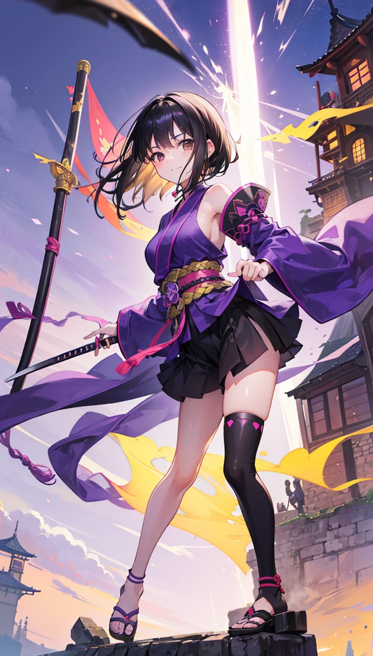 Young girl with black hair, brown eyes and olive skin, innocent and happy, wearing neon purple samurai robe, armlets and sandals, weilding katana, fullbody, medieval castle background, athletic
