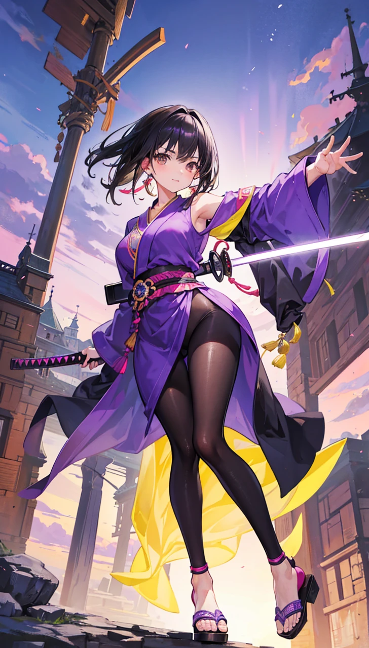 Young girl with black hair, brown eyes and olive skin, innocent and happy, wearing neon purple samurai robe, armlets and sandals, weilding katana, fullbody, medieval castle background, athletic