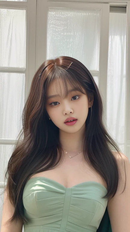 a closeup of a woman in a green dress posing for a photo light brown eyes , jennie pink black, jinyoung shin, jaeyeon nam, roseanne park by blackpink, portrait of jossi de blackpink, jossi de blackpink, korean girl, ulzzang, beautiful south korean woman, tzuyu of two times, heonhwa choe, korean idol, Beautiful young Korean woman