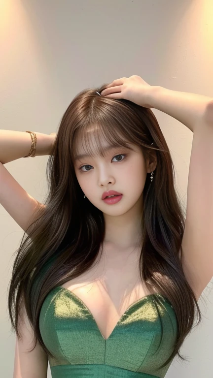 a closeup of a woman in a green dress posing for a photo light brown eyes , jennie pink black, jinyoung shin, jaeyeon nam, roseanne park by blackpink, portrait of jossi de blackpink, jossi de blackpink, korean girl, ulzzang, beautiful south korean woman, tzuyu of two times, heonhwa choe, korean idol, Beautiful young Korean woman