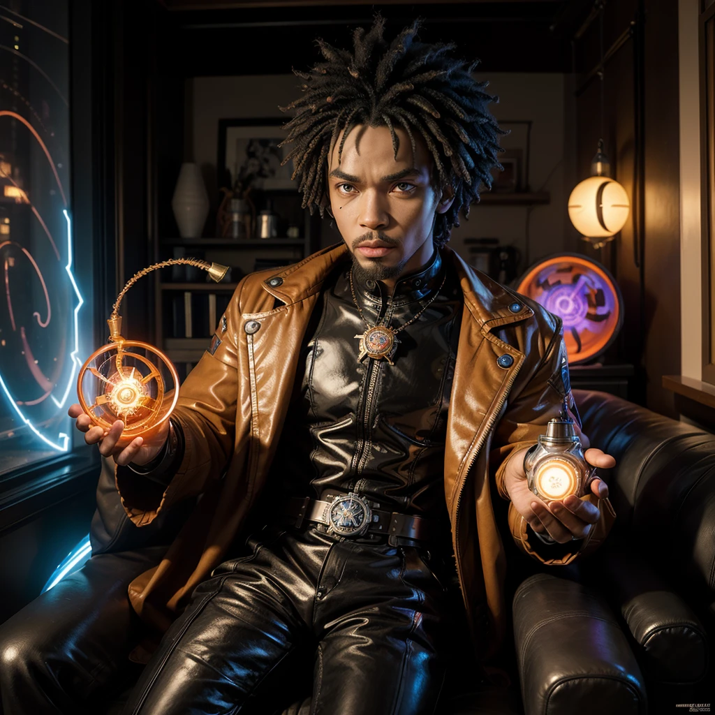 **A colorful and flamboyantly dressed black male Hoodoo priest is pinned down to his sofa by an invisible force inside the front room of his small apartment. He is terrified. A 25-year-old black woman with red glowing superpowers stands over him. A glowing extradimensional entity surrounds her as she gets ready to destroy him. night time. Stranger Things, Marvel comics, Doctor Strange, anime, A Clockwork Orange, octane render, Banksy, Tron, illustrated animation, steampunk, Afro-futurism. --ar 3:2**