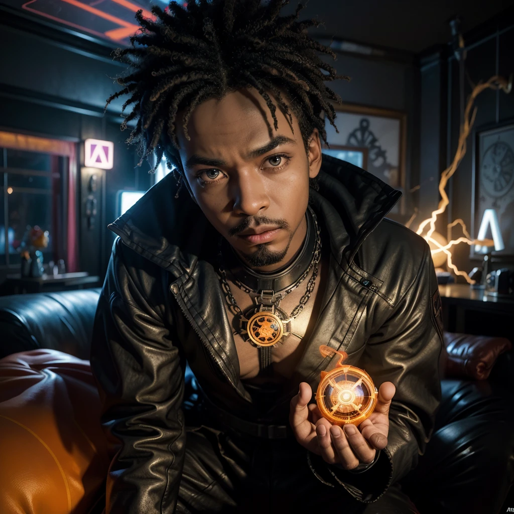 **A colorful and flamboyantly dressed black male Hoodoo priest is pinned down to his sofa by an invisible force inside the front room of his small apartment. He is terrified. A 25-year-old black woman with red glowing superpowers stands over him. A glowing extradimensional entity surrounds her as she gets ready to destroy him. night time. Stranger Things, Marvel comics, Doctor Strange, anime, A Clockwork Orange, octane render, Banksy, Tron, illustrated animation, steampunk, Afro-futurism. --ar 3:2** 