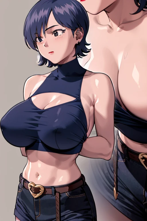 (beautiful detailed eyes, beautiful detailed face, perfect detailed body), mikictr, 1girl, solo, black eyes, short hair, closed mouth, lipstick, blush, huge breasts, crop top, no bra, midriff, navel, upper body:1.5, standing, belt, blue short shorts, simple background