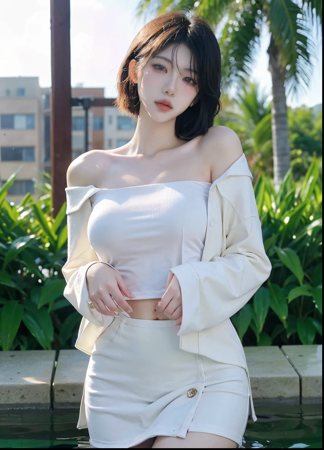 Beautiful woman with perfect figure:1.4，4K，Supermarket background，Big Breasts，cute，Ultra-high resolution，Seductive laughter，White legs，(Lifelike:1.4)，Layered hairstyle，White skin，Dress outfit，whole body，Very delicate face and skin texture，Double eyelids，Skin Whitening，White hair，