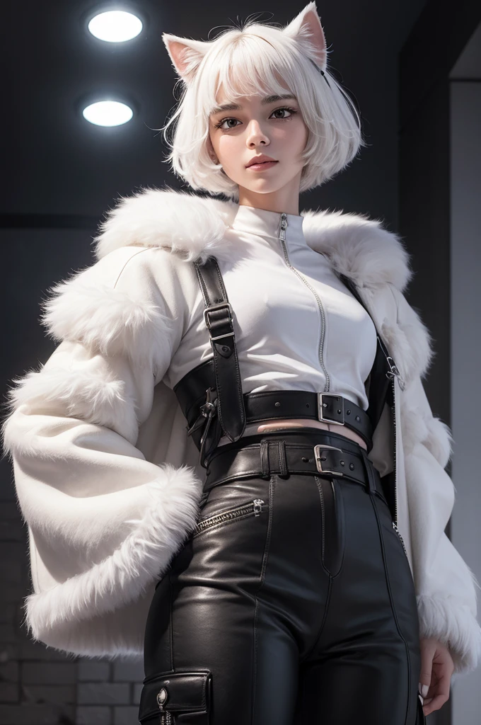 punctuation_9,punctuation_8_High above,punctuation_7_High above,punctuation_6_High above,punctuation_5_High above,punctuation_4_High above, solo anthropo peludo, boykisserfur, mascle, white fur, white ears, ssmile, presumptuous, leather jacket, cargo pants, whole body, black nose, clean art break