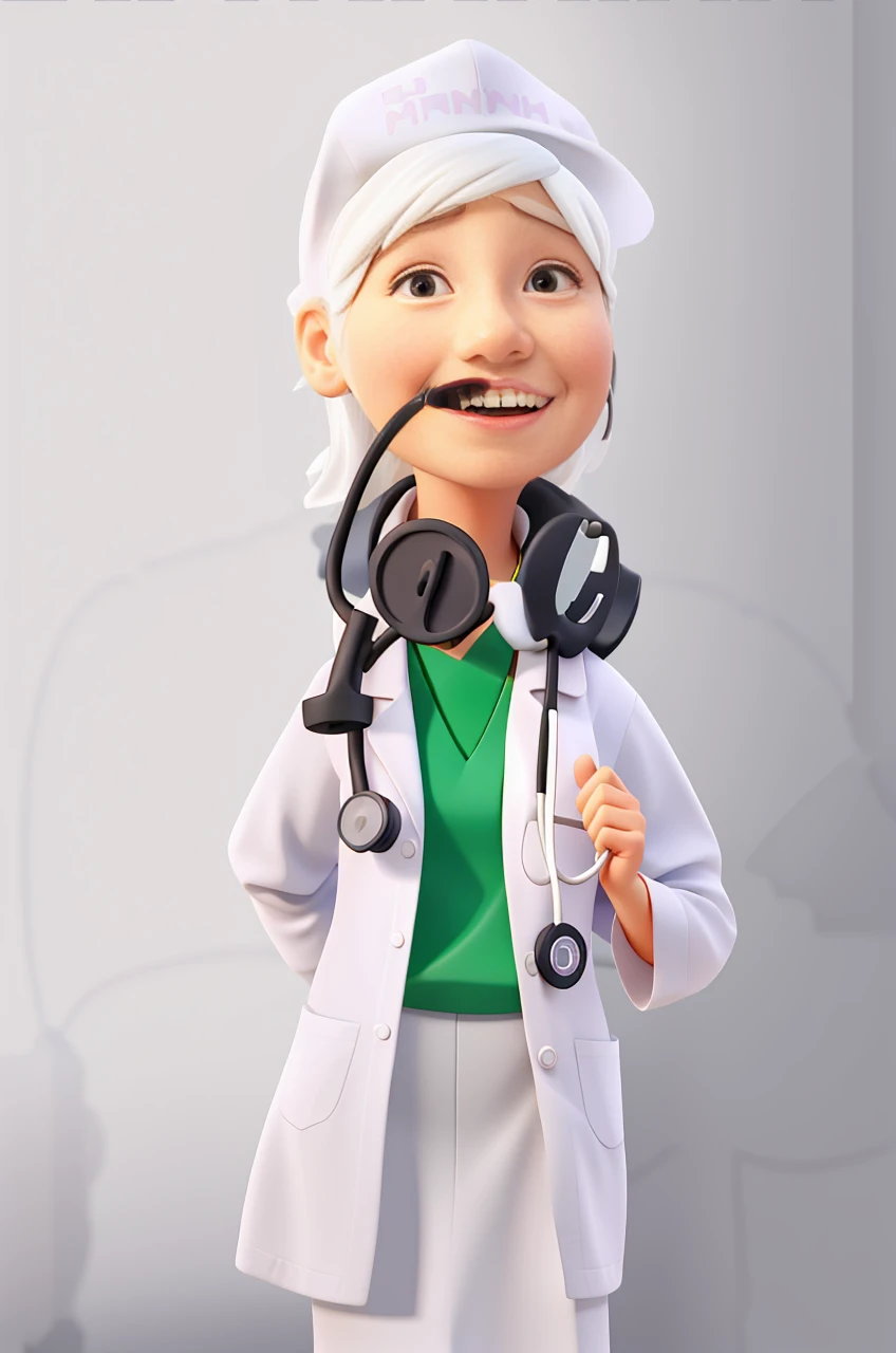 A wise woman standing in front, white background, she is a nurse and is smiling and wears a stethoscope on her shoulders