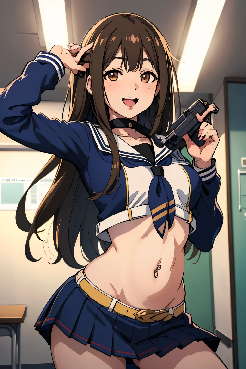  solo, 1girl, kuwayama chiyuki, long hair, choker, blush, lipstick, masterpiece, best quality, highly detailed, a anime girls in sailor uniforms with a gun posing for a picture,
evil smile, smile, open mouth,black_serafuku, ecchi anime style, anime girls , (nsfw) not safe for work,
ecchi style, ecchi, shipgirls, digital anime art!!, high school girls, holding a gun, hold a gun, anime style 4
k, micro skirt, exposed belly, exposed navel, exposed midriff,
exposed lower belly,school, classroom, navel piercing