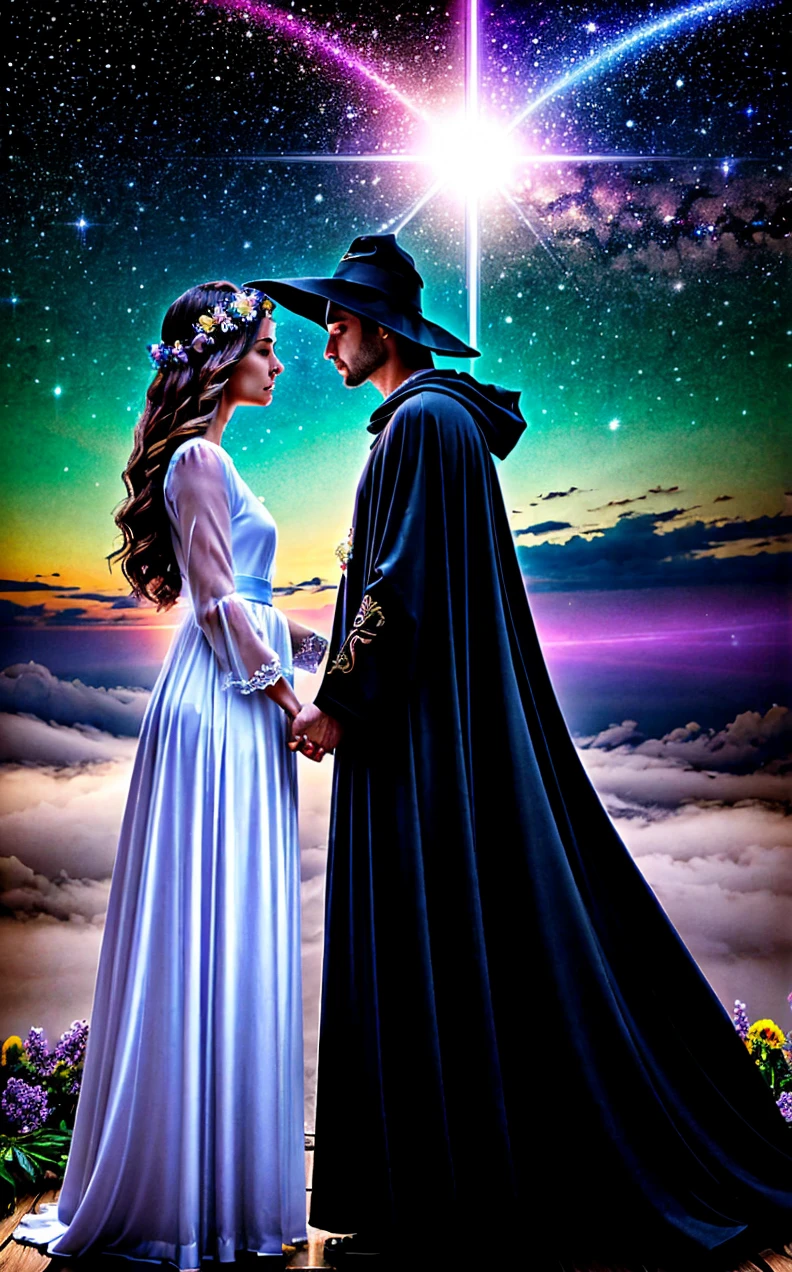 Sure! Here is the detailed prompt condensed into one paragraph:
Create a mystical and ethereal book cover for "Tranca Ruas das Almas e sua Chama Gêmea," predominantly featuring sky blue. The background should be a soft yet vibrant sky blue, with a starry sky and the Milky Way crossing it, creating an ethereal effect. Place a translucent couple in the center: the man in a simple white or pastel tunic and the woman in a long, flowing dress in white or light blue. They should be looking at each other or touching lightly, with serene, loving expressions. Include a mysterious figure in the background or next to the couple, wearing a cloak black on the outside and blue on the inside, with the face partially shadowed. Add two delicate flowers in the foreground or near the couple, in colors like lilac, white, or light pink. Include soft lights, shimmering mists, and discreet arcane symbols scattered across the sky or around the couple to represent the mystical essence of Maria, the witch and mage. Apply color filters to harmonize all layers and use light and shadow effects to integrate the elements and create a sense of depth. The composition should convey a sense of mystery, romance, and magic, reflecting the story's depth of reincarnation and the connection of twin flames.
