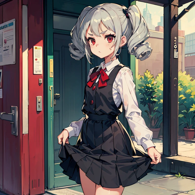 Young girl with grey hair, ((fringed and curly hair)),((curly short twintail)), curly hair ,(red eyes),, ((small bushy eyebrows)), wearing gothic lolita clothing, lolicon , walking to school, bored look, bored face, , lifting her skirt to show her vagina wet with semen, having sex