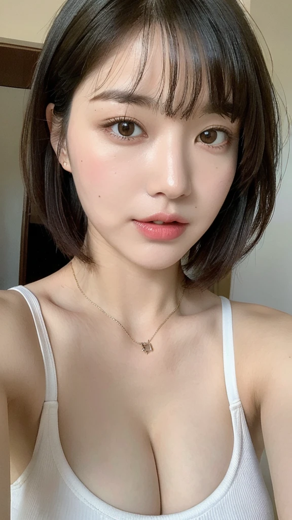 (Genuine, High resolution:1.3), Girl with perfect body, Very beautiful face and eyes,Short Bob, Random color tank top:1.2, short hair, Big Breasts,Exposing cleavage,With bangs