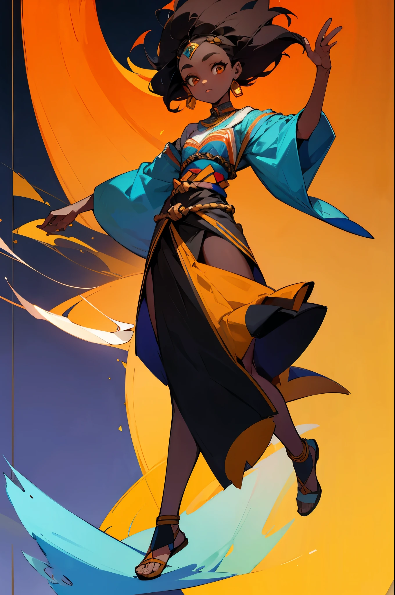 1girl, full - body, Young,short height, Dlrivery girl African, dark face dark african hair ,national African clothing colorpop dynamic pose