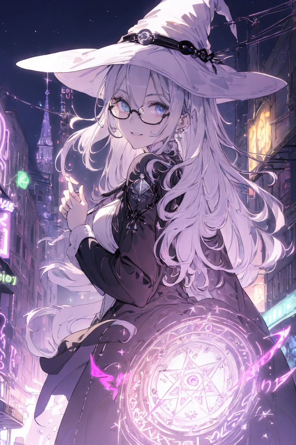 (witchcraft photo:1.1,in neon downtown:1.5), Masterpiece, best quality, (very detailed CG unity 8k wallpaper), (best quality), High definition RAW color art, Animation,sculptures, (silver Marble Skin), (((Ultra detailed elegant))), Magical atmosphere, Detailed skin, Texture,(Intricately detailed, Fine detail, ultra-detail art), depth of fields, bokeh, Silky Touch, Hyper Detail, beautiful eyes, Elegant Face, (ローブ, hands up, looking back), sparkle background, (silver hair), pastel purple, fat, shorthair, dress, フリル, witchcraft hat, Round Glasses:1.4, enormous breast, リボン, kawaii smile