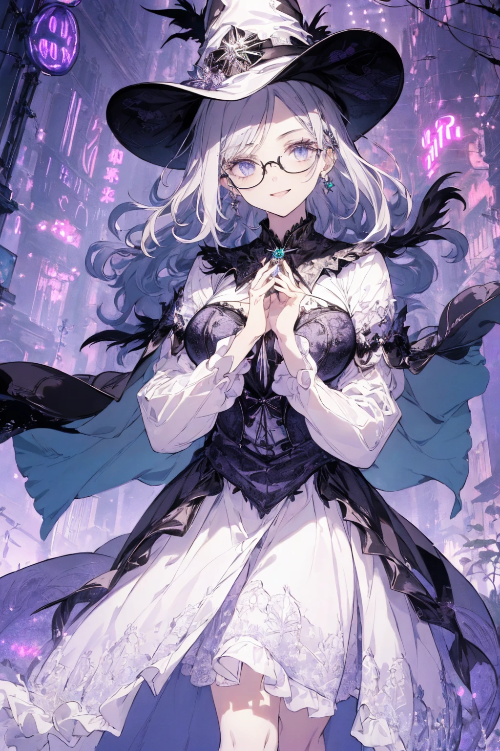 (witchcraft photo:1.1,in neon downtown:1.5), Masterpiece, best quality, (very detailed CG unity 8k wallpaper), (best quality), High definition RAW color art, Animation,sculptures, (silver Marble Skin), (((Ultra detailed elegant))), Magical atmosphere, Detailed skin, Texture,(Intricately detailed, Fine detail, ultra-detail art), depth of fields, bokeh, Silky Touch, Hyper Detail, beautiful eyes, Elegant Face, (ローブ, hands up, looking back), sparkle background, (silver hair), pastel purple, fat, shorthair, dress, フリル, witchcraft hat, Round Glasses:1.4, enormous breast, リボン, kawaii smile