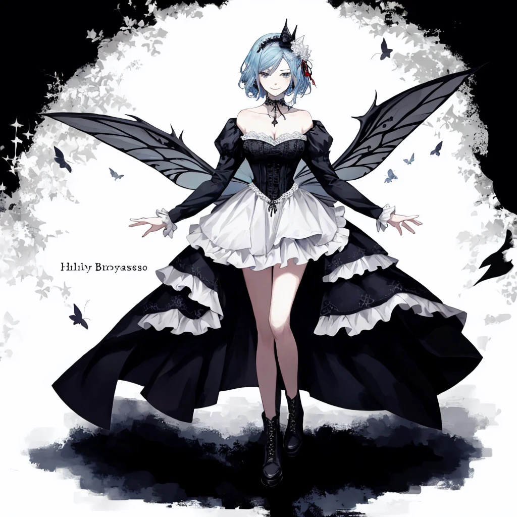  ((best quality)), ((masterpiece)), (detailed), 1girl, Character design, female, dynamic poses, long blue hair, grey white eyes, very skinny, detailed, best quality, no accesoires around the neck, prominent collarbones, skinny arms, full body, blank white background, plain background, white background, ((red and white clothing)), Bloodborne inspired, occult aesthetic, occult, detailed and intricate steampunk and detailed gothic, Very dramatic and cinematic lighting, cosmic horror, grim-dark, side-lighting, perfect face,  Fluttering lace flared long knee length dress with frilly petticoats, knee length dress, pleated petticoats, petticoats gothic, complex lace boots, side-lighting, gothic aesthetic, wielding a mighty sword with mechanical components, mandalas, small breasts, a fairy, various different types of insect wings,full body, whole body, white holy clothes,white holy clothes,((evil smile)),blue hair,