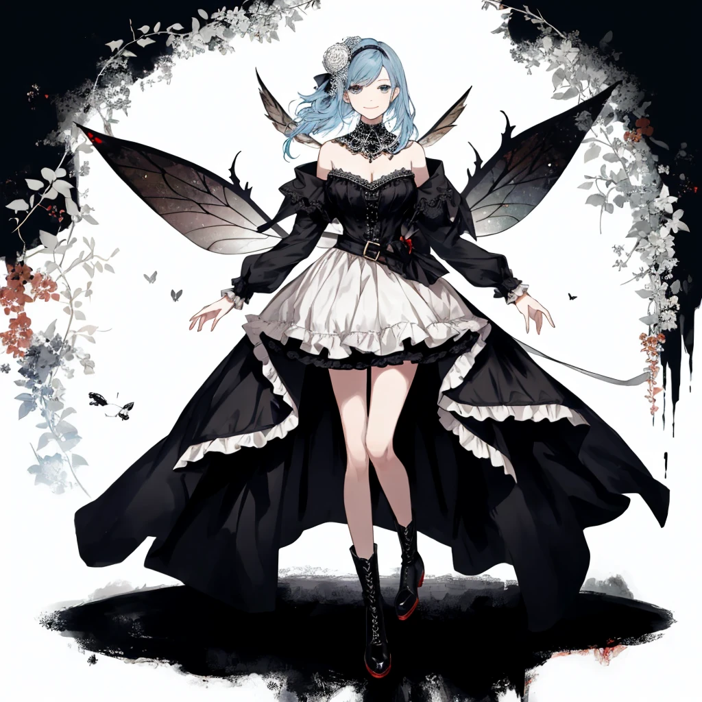  ((best quality)), ((masterpiece)), (detailed), 1girl, Character design, female, dynamic poses, long blue hair, grey white eyes, very skinny, detailed, best quality, no accesoires around the neck, prominent collarbones, skinny arms, full body, blank white background, plain background, white background, ((red and white clothing)), Bloodborne inspired, occult aesthetic, occult, detailed and intricate steampunk and detailed gothic, Very dramatic and cinematic lighting, cosmic horror, grim-dark, side-lighting, perfect face,  Fluttering lace flared long knee length dress with frilly petticoats, knee length dress, pleated petticoats, petticoats gothic, complex lace boots, side-lighting, gothic aesthetic, wielding a mighty sword with mechanical components, mandalas, small breasts, a fairy, various different types of insect wings,full body, whole body, white holy clothes,white holy clothes,((evil smile)),blue hair,