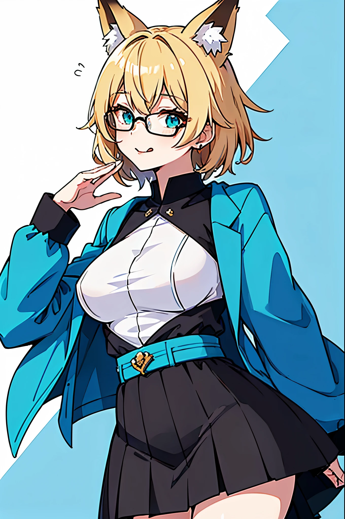 (Masterpiece, Best Quality), a woman on a white background, her short hair with a blue stripe in the center of the head and at the back of the hair and blue, (show the entire part of your head without cutting off your ears), beautiful face, she uses glasses, large breasts proportional to the body, Voluminous body, (1 girl, Alone:1.3), blank background, medium shot, Upper part of the body, detailed face ,anime style smile, perfect and detailed anime style mouth without flaws, sleeves that match the outfit, ,black shirt, She is wearing a short black skirt. tongue out, blonde hair with blue highlights, fox ears, beautiful sexy body, abundant body, Beautiful thighs, one lens, beautiful green eyes, wears cyan blue jacket, blue stripe in the middle of his head, anime style character, White background, Ella está parada looking ahead, normal forward position, looking ahead, muestra de fox ears, without cutting body parts, visible body, DON&#39;T LET THE IMAGE CUT PART OF THE BODY, she is wearing a cyan blue jacket with a short black skirt, her body is beautiful and young, the lock of hair in the middle of his head is blue and the back of his hair is also blue,
