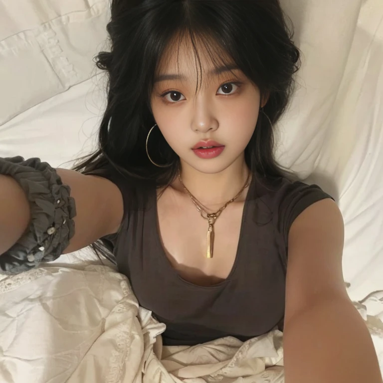 a close-up of a woman lying on a bed with a white sheet, korean girl, Beautiful young Korean woman, beautiful south korean woman, beautiful Asian girl, ulzzang, Beautiful young Korean woman, young and adorable korean face, Young cute pale asian face, Asian girl, jinyoung shin, young Asian girl, pale korean adorable face, Southeast Asian with round face