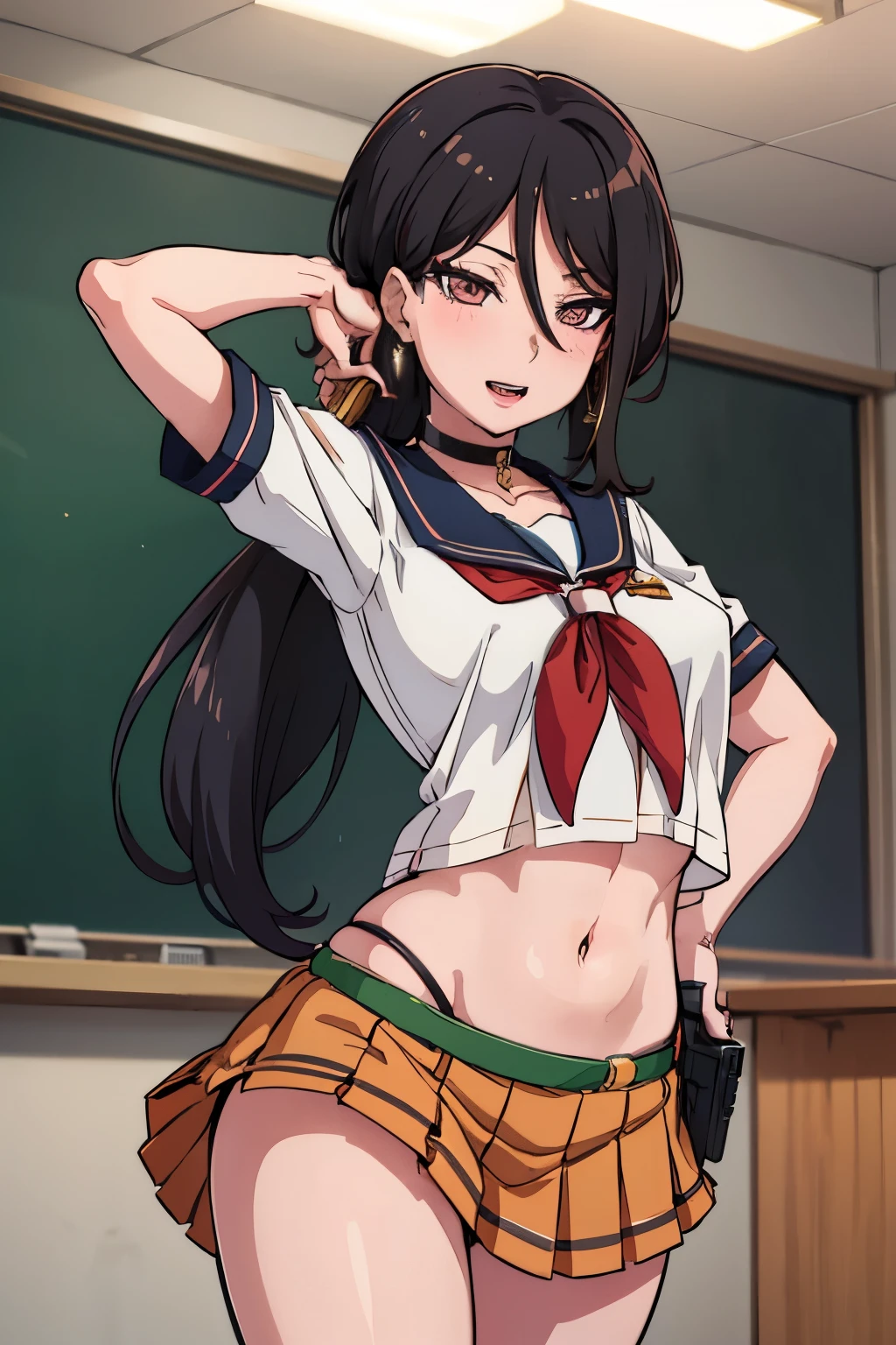  solo, 1girl, yashio rui,  jewelry, earrings, necklace, choker, blush, lipstick, long hair, masterpiece, best quality, highly detailed, a anime girls in sailor uniforms with a gun posing for a picture,
evil smile, smile, open mouth,black_serafuku, ecchi anime style, anime girls , (nsfw) not safe for work,
ecchi style, ecchi, shipgirls, digital anime art!!, high school girls, holding a gun, hold a gun, anime style 4
k, micro skirt, exposed belly, exposed navel, exposed midriff,
exposed lower belly,school, classroom, 