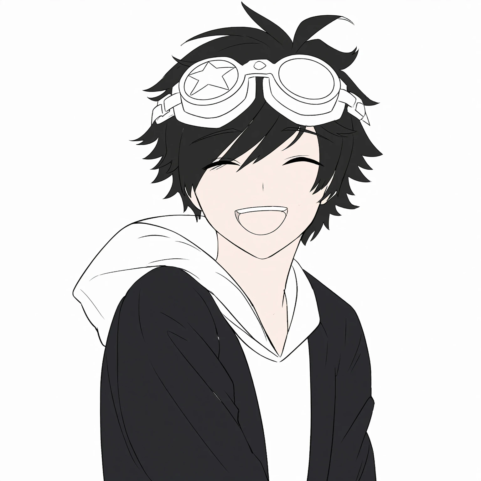 a drawing of a boy with goggles on his head, black jacket, colored, white hooddie, simple lineart, inspired by Okumura Togyu, bold lineart, young anime man, black hair, goggles on head, white background