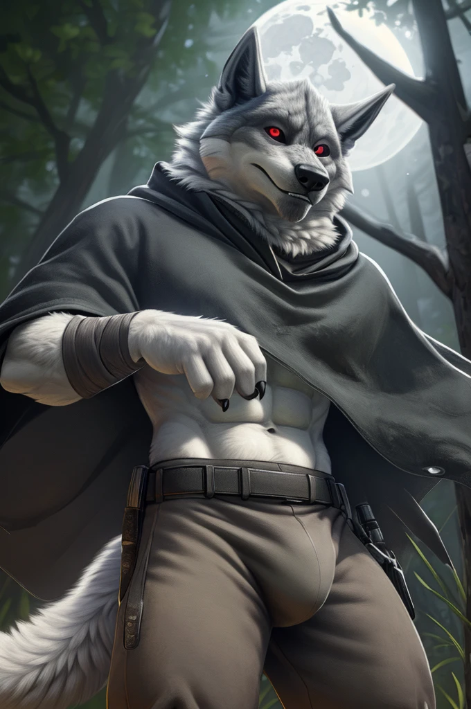 death (puss in boots), male, muscular, wolf, canid, fluffy, standing, night, forest, claws, paws, low angle view, long hair, black sclera, red eyes, tail, front view, action pose, (black poncho:1.2), clothed, bottomwear, pants, belt, white body, black fur, black fur, grey fur, forest, moonlight night, BREAK, by virtyalfobo, by anchee, by snowskau, by foxovh, by sabretoothed ermine, (intricate, high detail, film photography, soft focus, RAW candid cinema, photorealism, realistic, photorealistic, analog style, subsurface scattering, masterpiece, best quality, ultra realistic, 8k), bulge, bulge in pants, erect bulge in pants, raising cloak, revealing abs, 6-pack abs